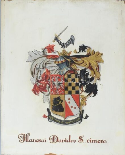 cca 1920-40 Kurländer István (?-?), működött a XX. sz. első felében: Illáncsai Davidov S (Szvetozár?) nemesi címere. Tempera, karton. Jelzett a hátoldalán. Kissé sérült. 50x40 cm. Az Illáncsai előnévvel a nemességet 1900. szept.
