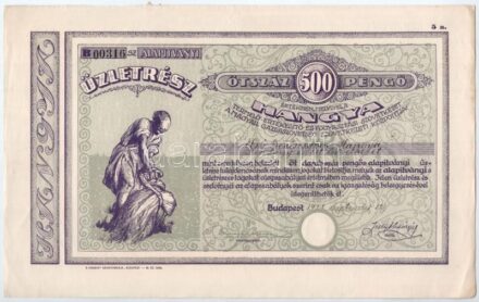 Budapest 1928. 'Hangya Termelő-Értékesítő és Fogyasztási Szövetkezet' üzletrésze 500P-ről, szelvényekkel, szárazpecséttel T:II a tetején a papír széle minimálisan hiányos