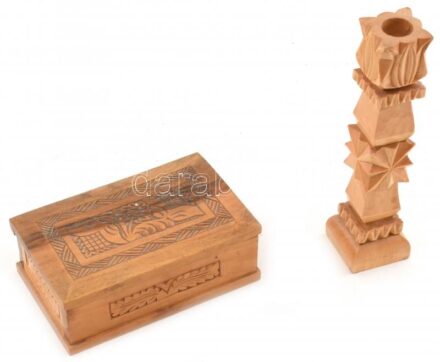 Faragott fadoboz+gyertyatartó, kopott, 14,5x9x5cm, m:19cm