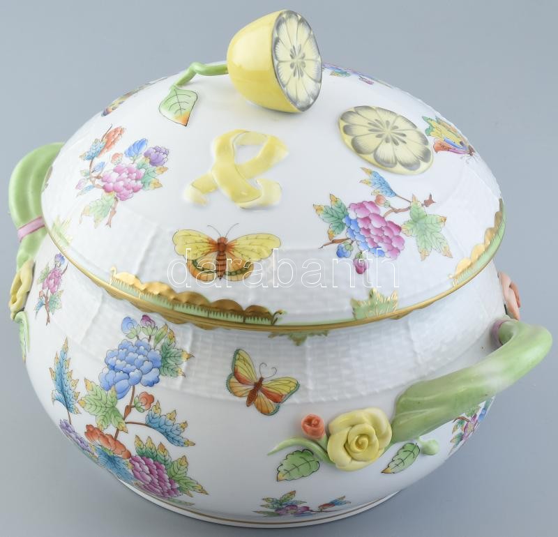 Herendi Viktória mintás leveses tál, kézzel festett, jelzett, kopásnyomokkal, d:27cm, m:20cm