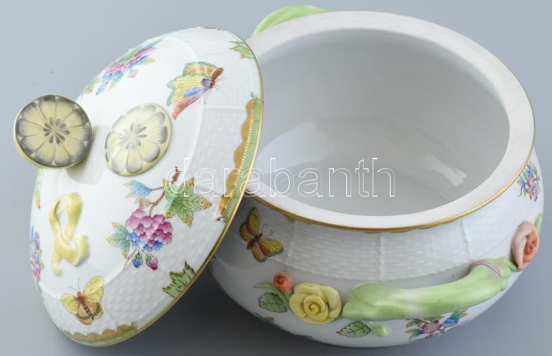 Herendi Viktória mintás leveses tál, kézzel festett, jelzett, kopásnyomokkal, d:27cm, m:20cm - Image 3