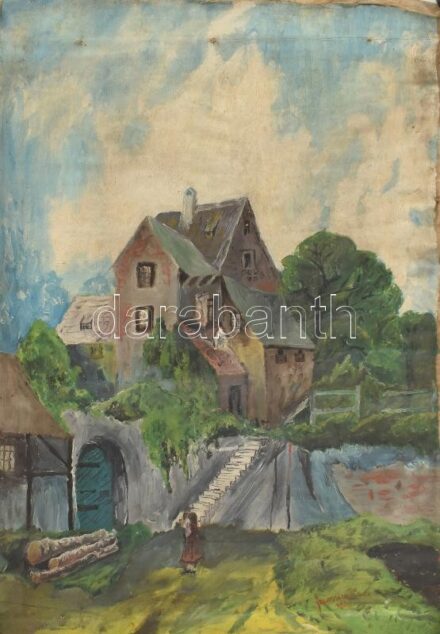 Olvashatatlan jelzéssel: Magányos lányka. Olaj, vászon. Vakráma nélkül, feltekerve, sérült, 57×40 cm