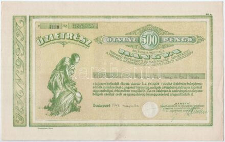 Budapest 1943. 'Hangya Termelő-Értékesítő és Fogyasztási Szövetkezet' névre szóló részvénye 500P-ről, szárazpecséttel, szelvényekkel T:I- jobb felső sarkában tűnyom