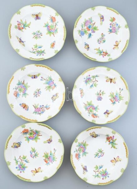Herendi Viktória mintás 6db mélytányér, kézzel festett porcelán, jelzett, kopásnyomokkal.