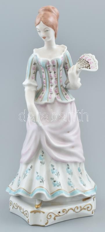 Hollóházi rokokó hölgy porcelán figura, kézzel festett, jelzett, kopásnyomokkal, m: 27 cm