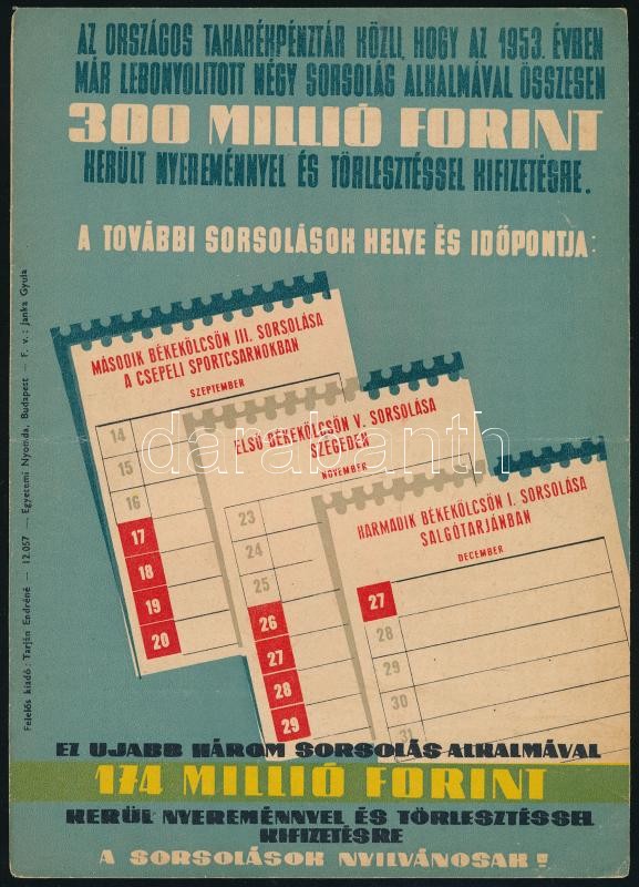 1953 Első békekölcsön sorsolások, villamosplakát, 23×16 cm