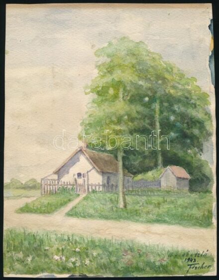 Fischer jelzéssel: Hajdúszoboszlói tanya. Akvarell, papír, 23x18,5 cm