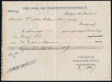 1906 Bp., Pesti Hazai Első Takarékpénztár-Egyesület elismervény, hátoldalán illetékbélyeggel