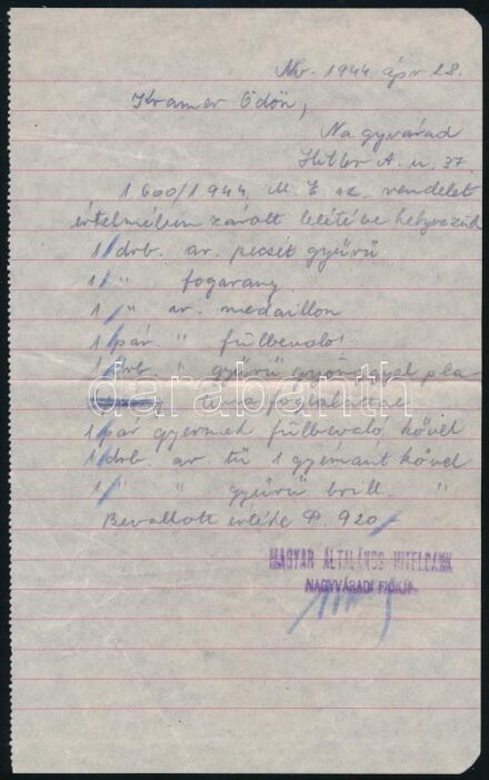 1944 Nagyvárad, zárolt zsidó vagyon listája