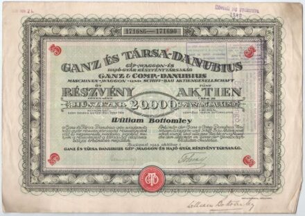 Budapest 1923. 'Ganz és Társa-Danubius Gép-, Waggon- és Hajó-Gyár Részvénytársaság' öt darab névre szóló részvénye egyenként 20.000K-ról, magyar és német nyelven, szárazpecséttel, bélyegzésekkel és szelvényekkel T:III
