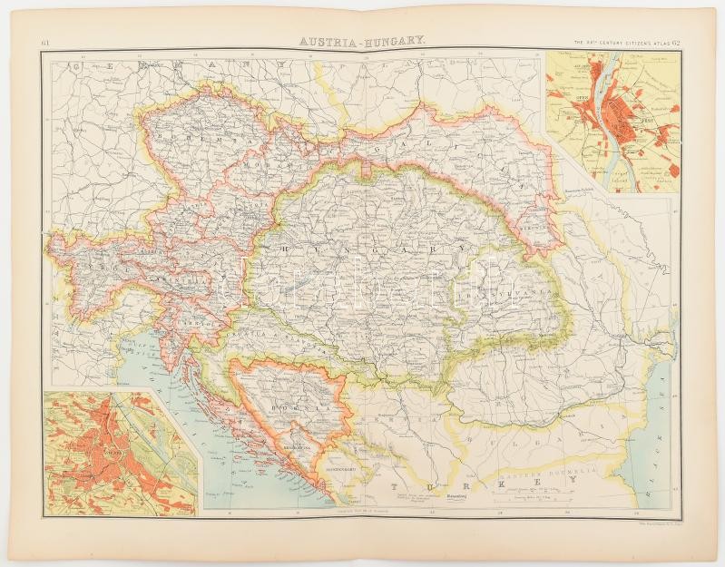 cca 1910 Ausztria-Magyarország térképe a két főváros térképével / Map of Austria-Hungary John Bartholomew 42x30 cm