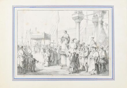 cca 1850 Történelmi jelenet. Rézmetszet, papír, Galteri és Reinhart jelzéssel a metszeten, foltos, paszpartuban, 22x31 cm