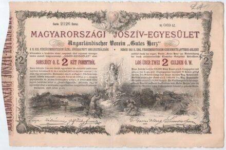 Budapest 1888. 'Magyarországi Jószív-Egyesület' sorsjegykölcsön 2Ft-ról, szárazpecséttel + Budapest 1906. 'Pesti Hazai Első Takarékpénztár-Egyesület' 100K-ról szóló nyereménykötvénye, szárazpecséttel T:III