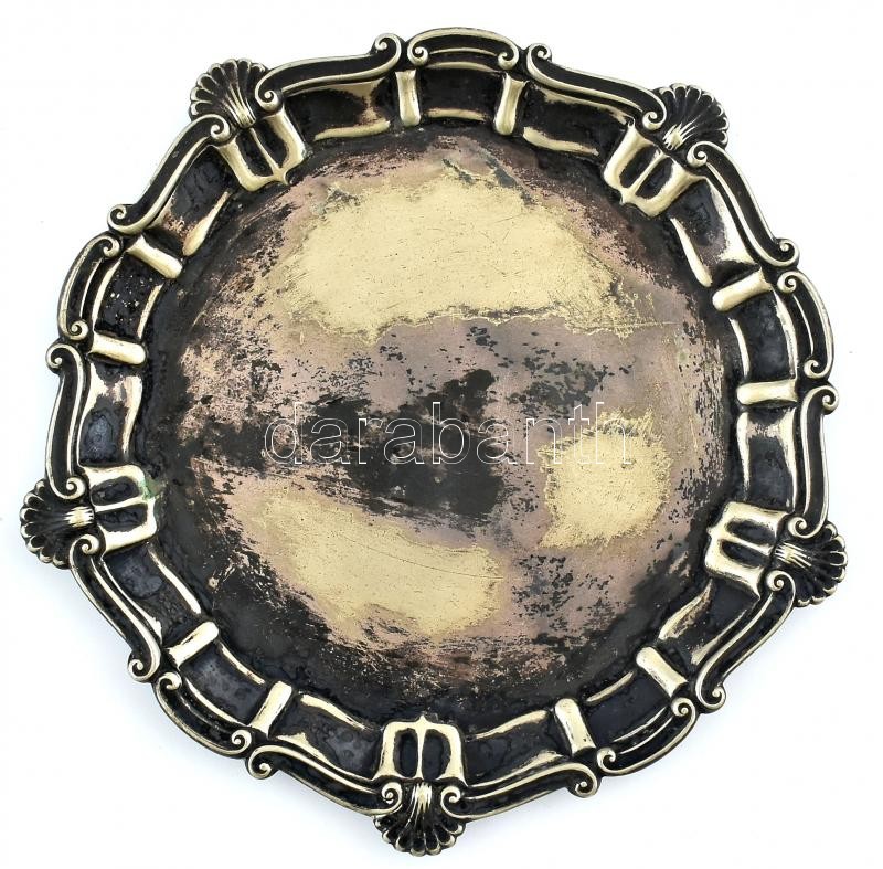 Fém tálka, ezüstözött, erősen kopott, d:16cm