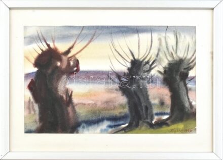 Kalló László (1925-2018): Vízparti táj. Akvarell, papír, jelzett. Üvegezett fa keretben. 18,5x28,5 cm