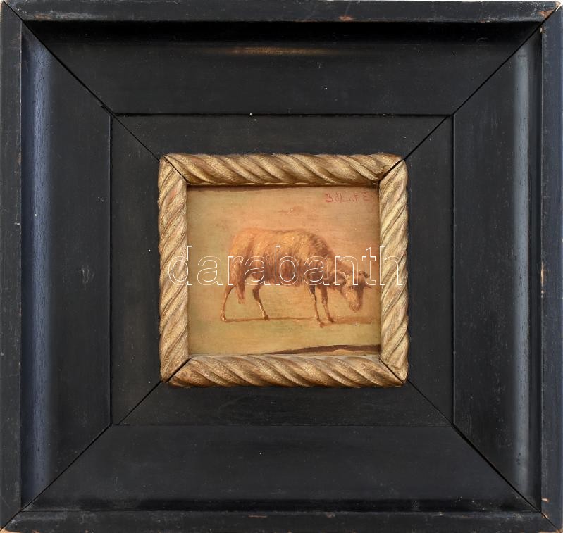 Bálint E. jelzéssel, feltehetően a XX. sz. elején működött magyar festő alkotása: Birka. Olaj, fa. Hátoldalán vakrámán nehezen olvasható bélyegzővel. Dekoratív fa keretben. 12x14 cm