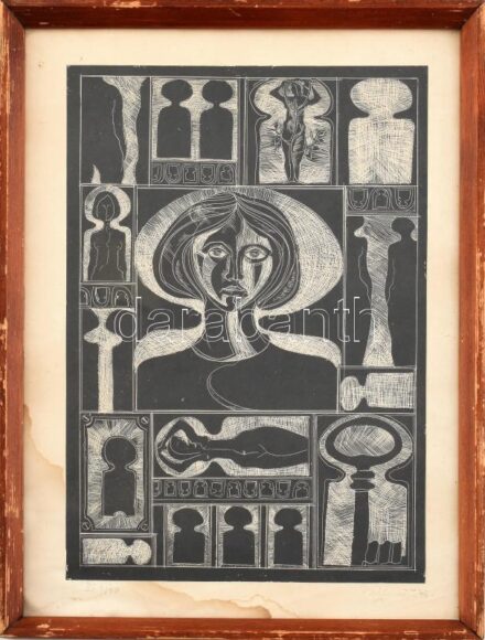 Bálint 976 jelzéssel: Alakok. Fametszet, papír, foltos. Üvegezett fa keretben. 30x19,5 cm