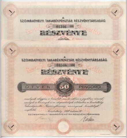 Szombathely 1938. 'Szombathelyi Takarékpénztár Részvénytársaság' részvénye 50P-ről, szelvényekkel, szárazpecséttel (2x) közeli sorszámúak T:II,II- helyenként kis folt