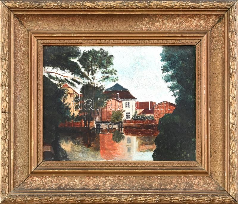 Jelzés nélkül, feltehetően a XIX. sz. végén/XX. sz, elején működött magyar festő alkotása: Vízparti város. Olaj, karton. Hátoldalán 'Nemzeti Képzőművészeti Kiállítás Műcsarnok 1933' raglappal és töredékes német nyelvű