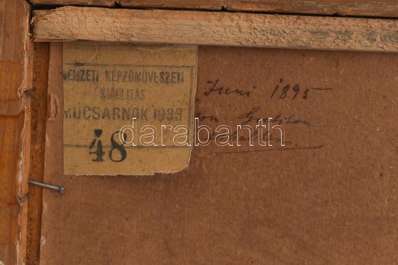 Jelzés nélkül, feltehetően a XIX. sz. végén/XX. sz, elején működött magyar festő alkotása: Vízparti város. Olaj, karton. Hátoldalán 'Nemzeti Képzőművészeti Kiállítás Műcsarnok 1933' raglappal és töredékes német nyelvű - Image 2