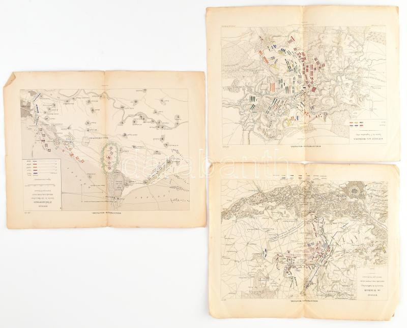 A napóleoni háborúk 3 csatájának térképe a XIX. sz. végéről Bataille de Wagram, Héliopolis, Moskowa. 27,5x20 cm Kis beszakadásokkal