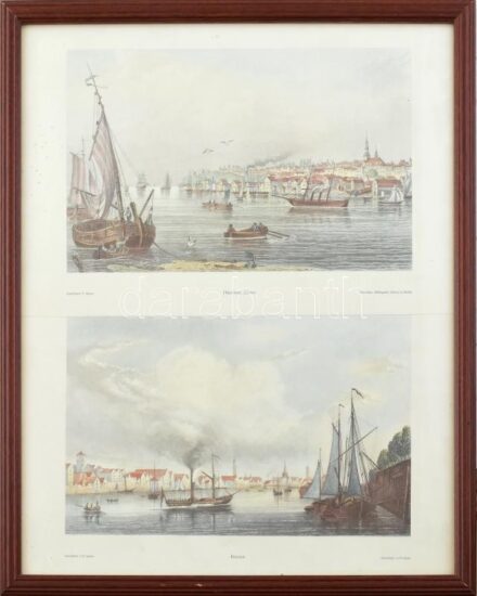 cca 2000 Hamburg-Altona és Bréma, XIX. sz. metszetek után készült 2 db nyomat, egy üvegezett fa keretben, 20×31 cm