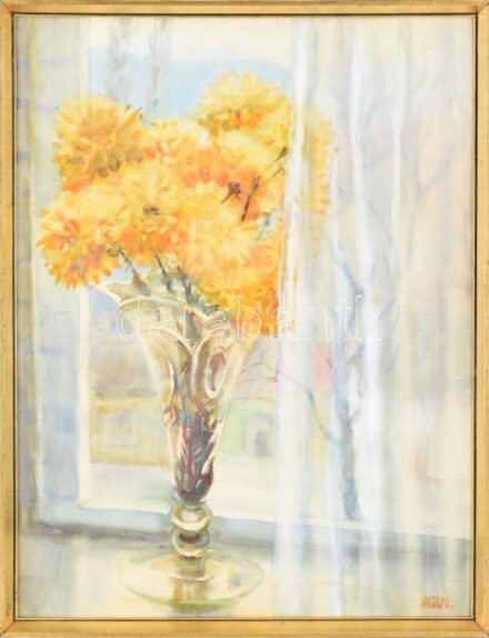 Mühl Aladár (1902-1981): Virág. Akvarell, karton, jelzett. Kissé kopott fa keretben, 65×49,5 cm