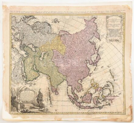 Ázsia térképe Homann, Johann Babtist - Johann Matthias Hazius.: Asia Secundum legitimas Projectionis Stereigraphicae A térkép felett francia nyelvű címleírás. Megjelent: Nürnberg, 1747. Atlas Novus Terrarum Orbis Imperia. színezett