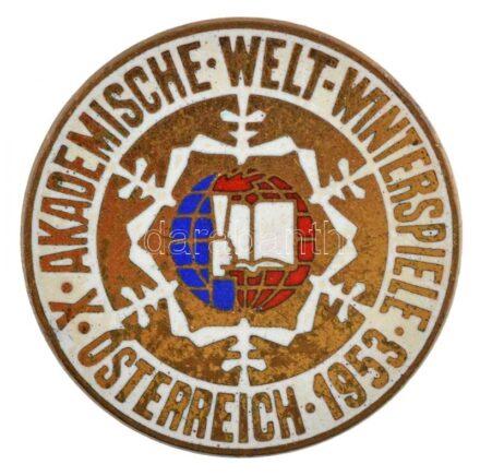 Ausztria 1953. 'X. Akadémiai Téli Világjátékok - Ausztria 1953' aranyozott, zománcozott Br jelvény T:2- zománchiba, aranyozás kopott Austria 1953. 'X. Akademische Welt Winterspiele - Österreich 1953' gilt and enamelled Br badge C:VF