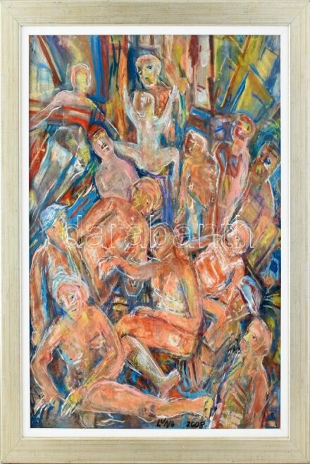 Lunger Katalin (?-): Társaság, 2008. Olaj, farost. Jelzett. Kétoldalas mű, hátoldalán: Három alak. Olaj. Dekoratív fa keretben, 67x50 cm