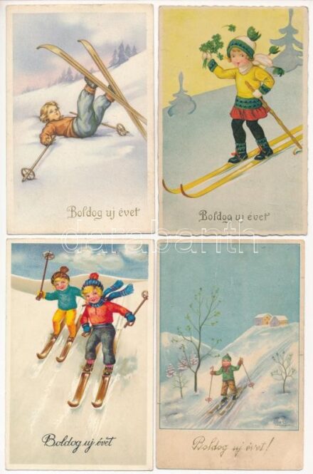 4 db RÉGI újévi üdvözlő képeslap síelő gyerekekkel / 4 pre-1945 New Year greeting postcards with skiing children, winter sport