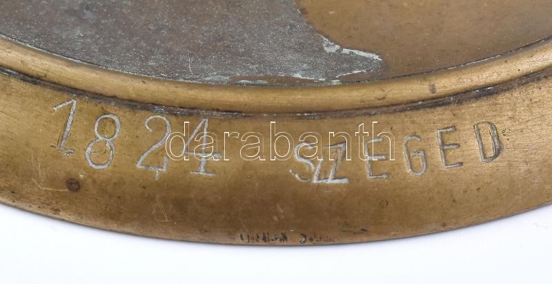 Antik bronz gyertyatartó (Buri János esperes Szeged 1824) vésettel, kopott, m:30cm - Image 3