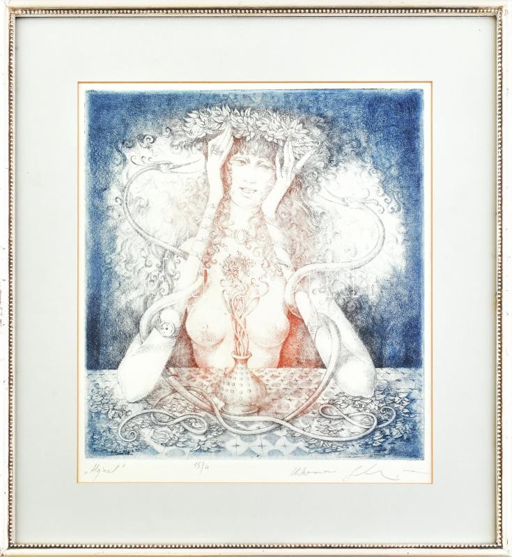 Kolozsvári Grandpierre Miklós (1950-): Hajnal. Színes rézkarc, papír, jelzett. Üvegezett fa keretben, 28×25,5 cm