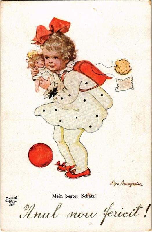 Mein bester Schatz! / Children art postcard, girl with doll. Wohlgemuth & Lissner 'Kinderglück' No. 1232. s: Baumgarten (EB)