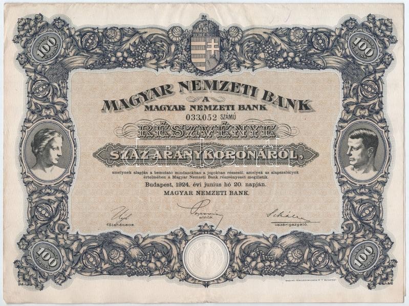 Budapest 1924. 'Magyar Nemzeti Bank' magyar, angol, francia, német és olasz nyelvű részvénye 100 Arany Koronáról, szárazpecséttel és szelvényekkel T:III szép papír, pár kis szakadás