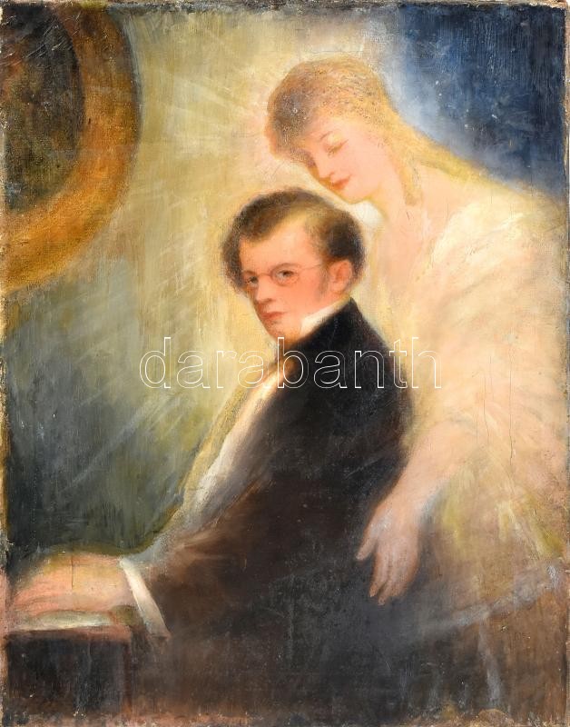 Jelzés nélkül, feltehetően 1900 körül működött festő: Zenész és múzsája. Olaj, vászon, javított, 60×47 cm