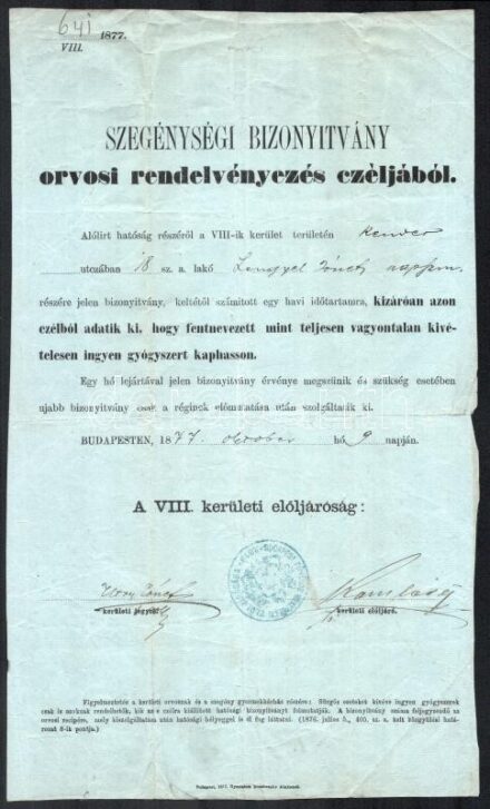 1877 szegénységi bizonyítvány orvosi rendelvényezés céljából