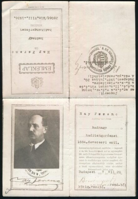 1942 Nay Ferenc haditengerész igazolványának korabeli igazolással ellátott másolata