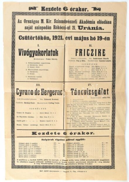 1921 A Színművészeti Akadémia előadásának plakátja 32x47 cm