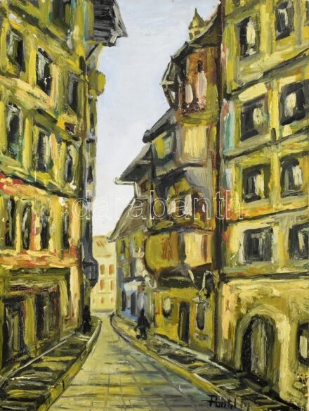Pantl M. jelzéssel: Óvárosi utcakép. Olaj, vászon, 40x31 cm