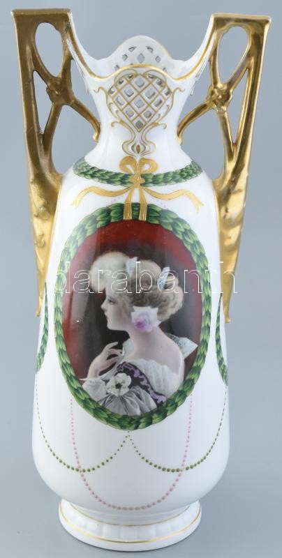 Díszváza, porcelán, jelzett, restaurált, m:37cm