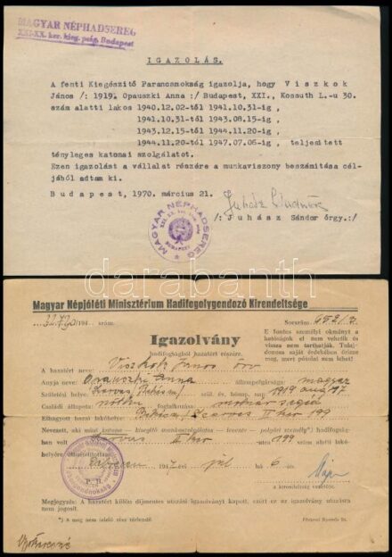 cca 1950 Csepel Rákosi Gépgyár dolgozó katona okmányai? katona igazolvány, 31, határvadász zászlóalj, hadifogság igazolvány, stb