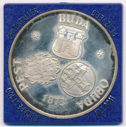 Csucs Viktória (1934-) 1973. 'Pest - Buda - Óbuda - 1873 / Budapest 1973 - Pro memor urbe centen' ezüstözött Br emlékérem hiányos MNB tokban (25,17g/42,5mm) T:1- (eredetileg PP) patina