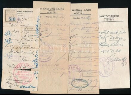 1927-1937 Hőgyész, Tevel, 4 db gyógyszertári recept
