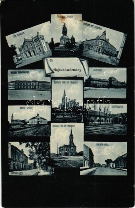 1914 Hajdúböszörmény, Izraelita templom (zsinagóga), Bocskai szobor, Központi református fiúiskola, Városháza, Bocskay téri református templom, Bocskay főgimnázium, vasútállomás, Uránia színház, Kossuth utca, Kossuth téri