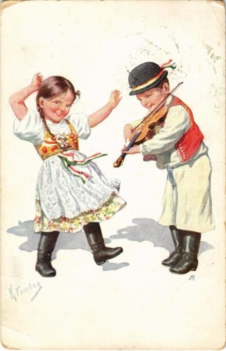 1916 Magyar népviseletes gyerekek / Hungarian folklore. B.K.W.I. 357-3. s: K. Feiertag (EK)