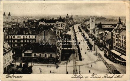 1933 Debrecen, Ferenc József út, üzletek, zsinagóga (ázott sarok / wet corner)