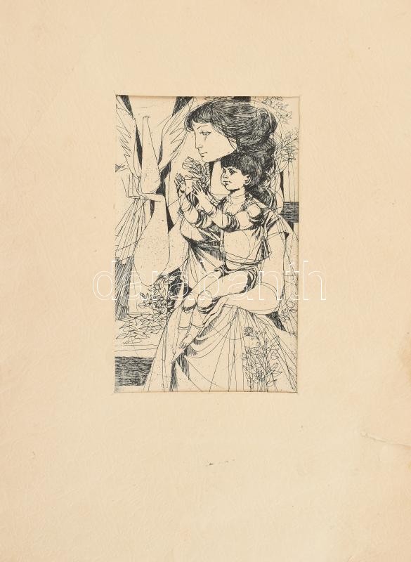 1966 Kass János (1927-2010): Anya gyermekével. Rézkarc, papír: emléklapon, jelzés nélkül, paszpartu szerű borítóval, szakadt emléklappal, 18x11 cm