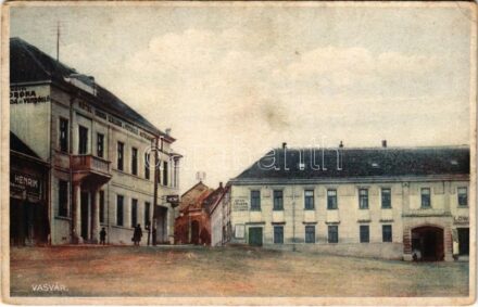 1947 Vasvár, Fő tér, Hotel Korona szálloda és vendéglő, autogarage, Hotel Zöldfa szálloda és étterem, Zsilinszky István szállodája, üzletek. Schrammel kiadása (Rb)