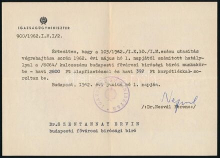 1962 Bp., Nezvál Ferenc igazságügy-miniszter által aláírt okirat